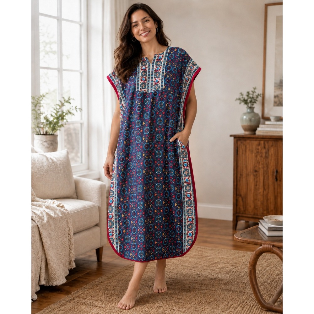 Winlar Kaftan House Dress Blue Magenta Cotton Medallion Print One Size